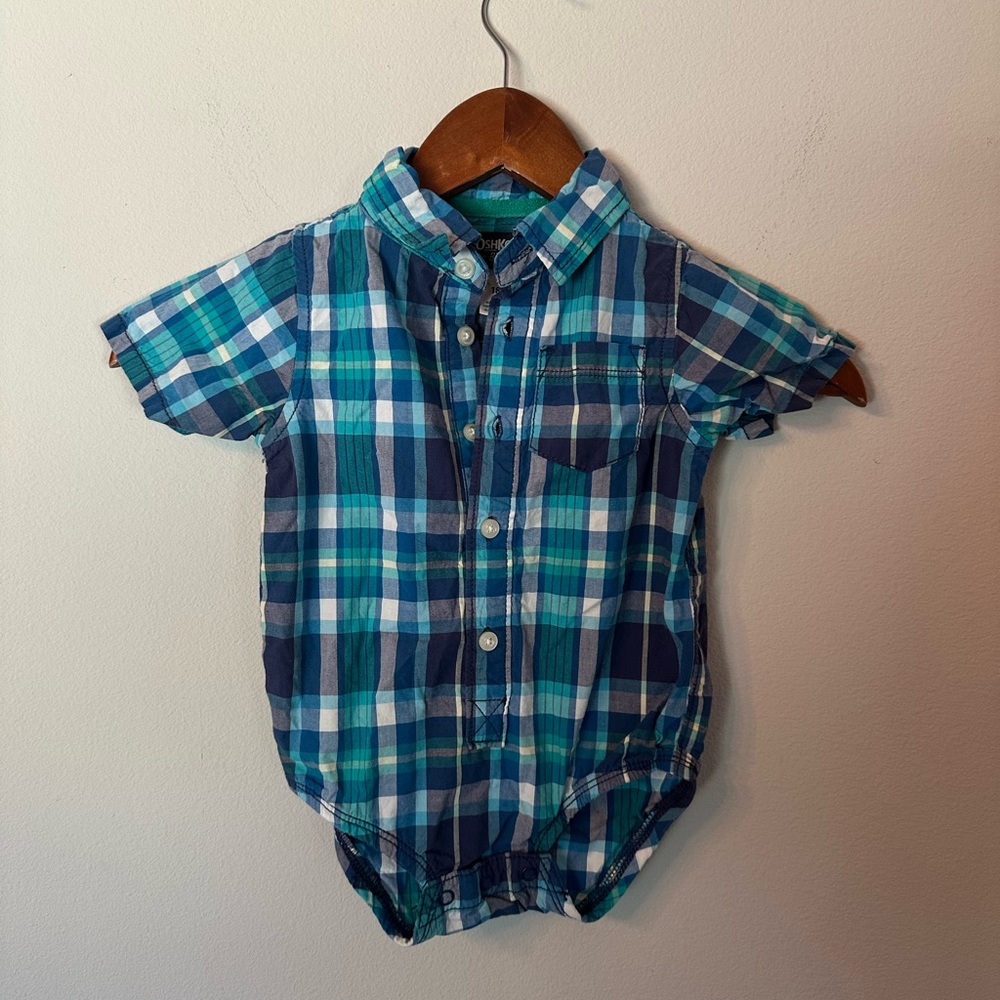 OshKosh B'gosh Blue and Green Plaid Button-Down Bodysuit